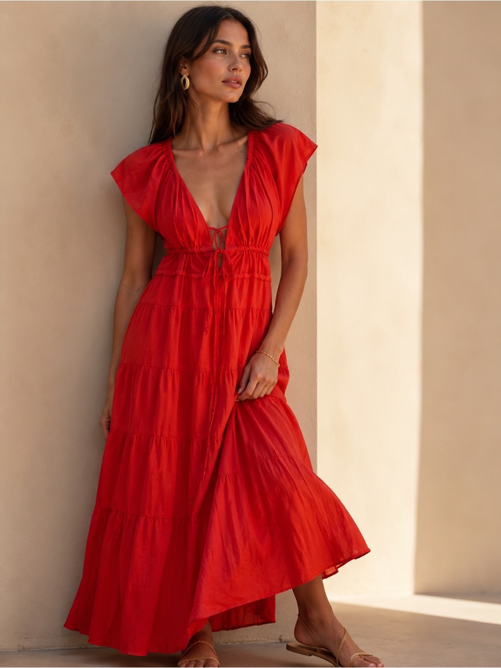 NWT Red Lulus Women’s Tiered Red Maxi Dress with Deep V-Neck